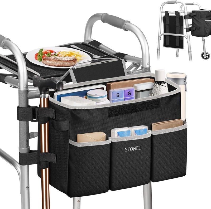 Ytonet Walker Basket with Tray, Detachable Walker Tray for Folding Walkers, Large Capacity Storage Basket with Phone and Crutch Holder, Water-Resistant Non-slip Walkers Accessories for Seniors (Black) - Image 1